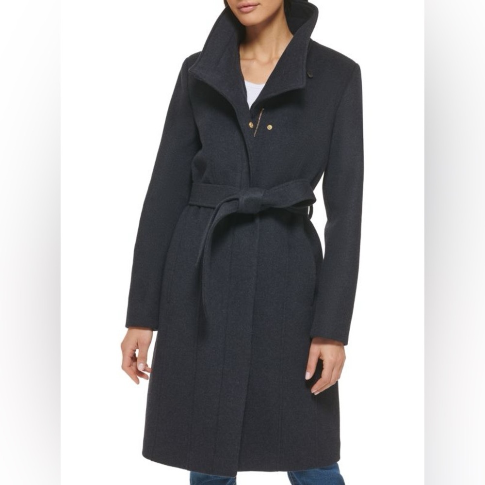 New COLE HAAN Belted Wool Blend Long Coat in Black Women’s Size 10